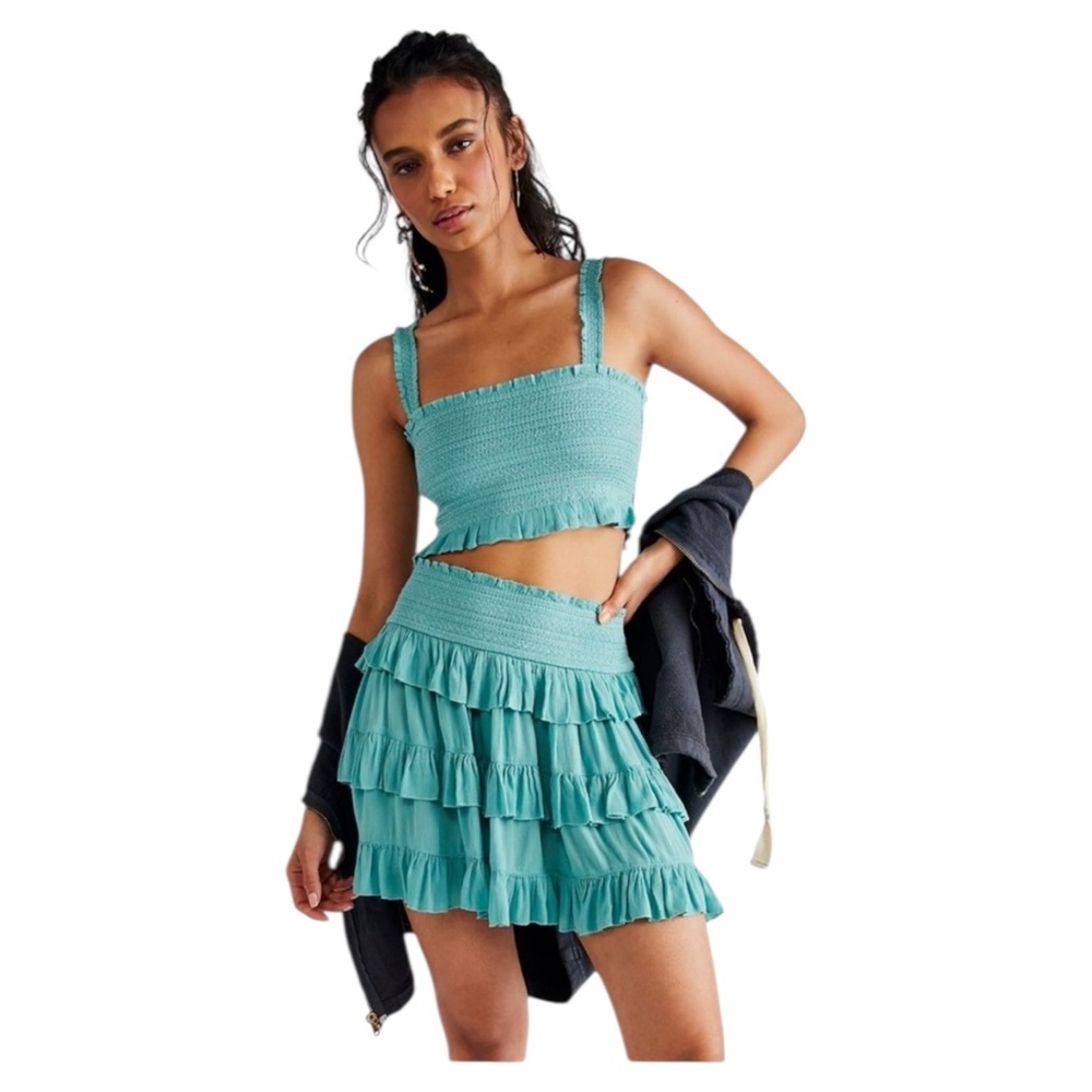 NWT Free People Thalia Smocked Crop Top in Calm Water Teal Blue Large